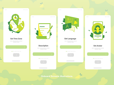 Onboard Screens Illustrations app illustrations avatar description digital art graphic graphic design green icons illustration illustration art language location onboard settings time zone ui vector vector art