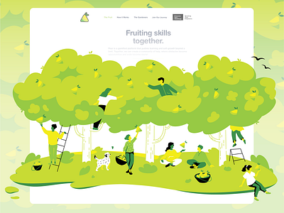 Homepage Hero illustration community design digital art flat garden graphic graphic design green hero image illustration illustration art island nature pears people trees ui vector vector art website illustration