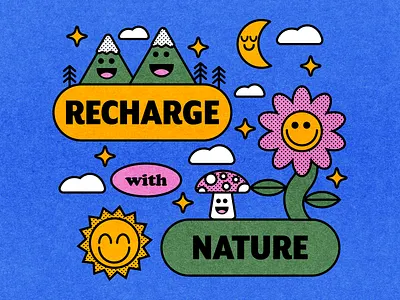 Recharge with Nature blue color design fun green illustration lines minimal nature outdoors pink shapes vector yellow