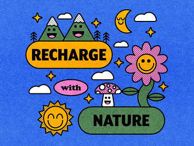 Recharge with Nature blue color design fun green illustration lines minimal nature outdoors pink shapes vector yellow