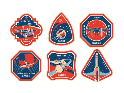 CHINESE SPACE BADGES china mars mascot moon space spaceman spaceship spacestation type vintage