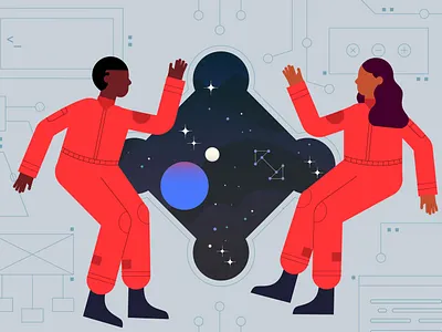 ᕕ( ◔3◔)ᕗ astronauts character character design coding constellations developer google illustration illustrator outer space planets rocket space space travel space walk spaceship stars userflows vector