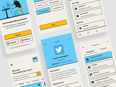 Job Finder Application - Part 1 app application apply clean concept design facebook finder flat job jobfinder light mobile new popular stroke twitter ui uidesign uiux