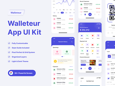 Walleteur - Wallet App UI Kit banking card clean credit card design e money e wallet finance financial invesment login m banking mobile mobile app design mobile app finance qr code transfer ui ux wallet