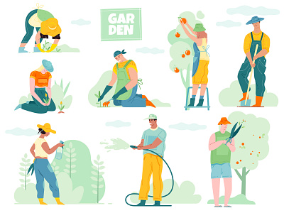 Gardeners vector set care cartoon collection garden gardeners harvest illustration men people plants season set summer trees vector women workers