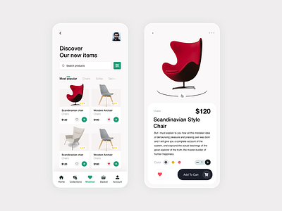 Ecommerce Furniture App adobe xd cart chair design ecommerce furniture graphic design ios minimal modern technopark trivandrum ui ui ux ux