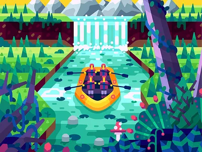 Mountain river rafting adventure colorfull design expedition fishing flat illustration mountain paddling people rafters rafting rafting seasons rafting team river travel reviews trip vector waterfall web illustration