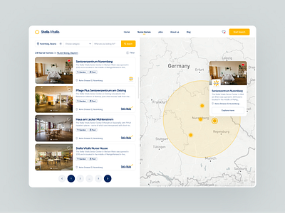 Result design with map - Stella Vitalis design health jobs jobs list map map preview map result nurse home nursing home old people platform result search search result ui ux web web app web platform