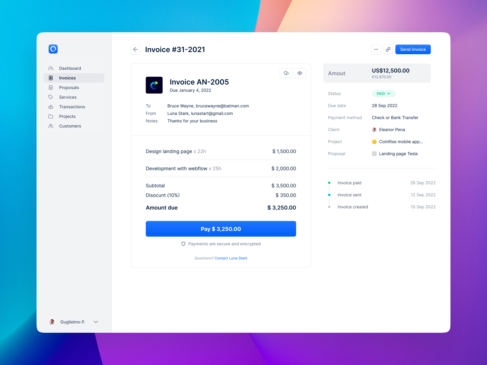 Example of Incomee - Invoice details page