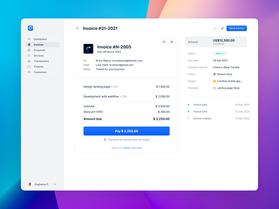 Incomee - Invoice details page app clean design flat freelancer freelancing invoice invoicing minimal saas startup ui ux webapp