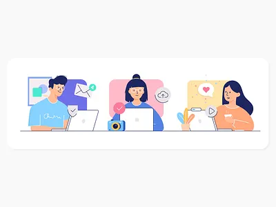 Creative, impactful, meaningful work camera creative emails flat freelance illustration impactful inbox laptop man meaningful people team teamwork women work working