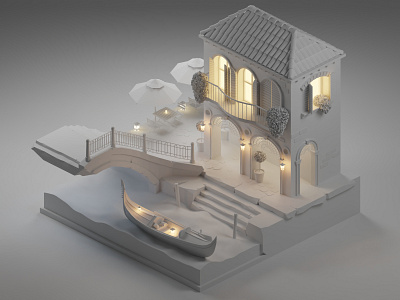 Venice clay render 3d 3d art blender boat bridge building clay render digital diorama gondola house illustration isometric low poly modeling render river venice water