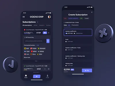 ODDSCORP — Create Subscription apps bets betting bookies dark app dark theme dashboard finance gambling game design gaming interaction interface mobile app product design soccer sportsbook statistics ui8 web design