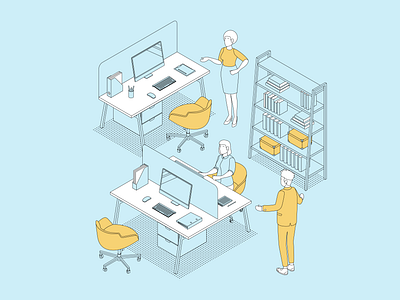 Office interior blue branding business colors design flatdesign graphic design illustration illustrator infographic isometric line line art linear logo office people ui work yellow