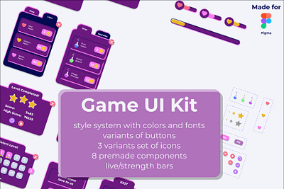 Casual Game UI Kit for Figma. UI Design of Game App 2d app casual game design system figma game graphic design iterface design purple ui ui design ui kit web design