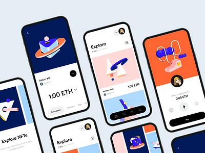 NFT Platform - Mobile Design with Illustrations clean colors illustration minimal mobile app mobile design nft nft art nft marketplace nft plarform trading plarform ui ui design