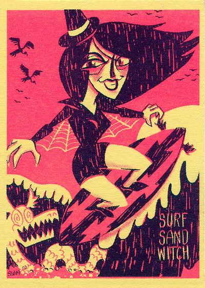 FFSF: SURF SAND WITCH card design duotone freaky funky halftone illustration monsters risograph sports trading card witch