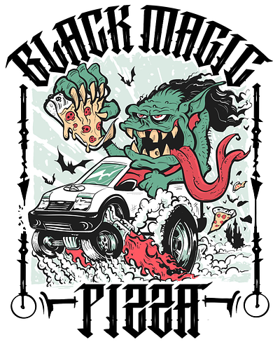 Black Magic Pizza Fink branding custom type ghoul hotrod illustration pizza ratfink
