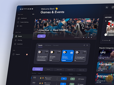 Dark Dashboard admin app app design application banner bet bets betting dark dash dashboard dashboard design football gambling game list match panel qclay sidebar