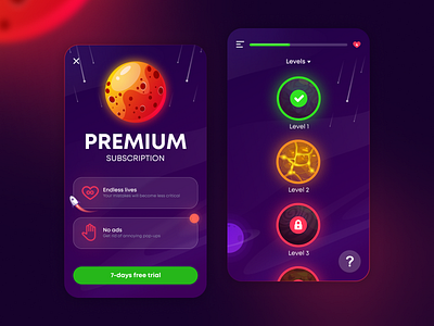 Mobile App UI Design app design figma game game ui graphic design illustration levels mobile planet premium space subscriprion ui