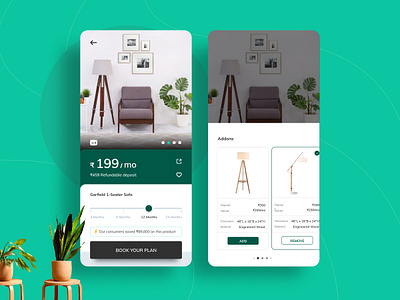 Furniture Rental Product Detail Page for Rentomojo app color cta design furniture pdp pds plants product design product detail page product detail screen rental slider sofa tenure ui ux