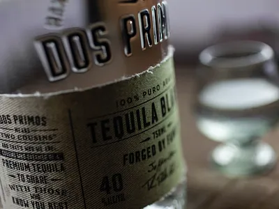 Dos Primos Tequila bottle design fabric label logo packaging screen printing spirits tequila