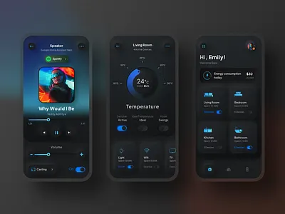 Home device control app - Dark version - clean control controlapp cyberpunk dark darkui device energy home homedevice indonesiandesigner mobile app sketch sound temperature ui volume wifi