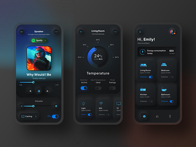 Home device control app - Dark version - clean control controlapp cyberpunk dark darkui device energy home homedevice indonesiandesigner mobile app sketch sound temperature ui volume wifi