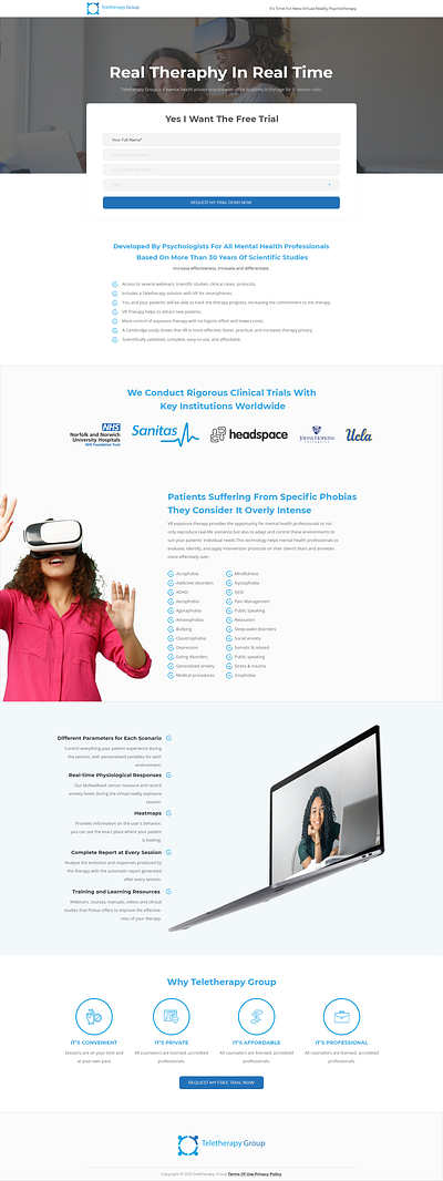 Marketing page for new type of therapy clean landingpage medical minimalist psychotherapy simple virtualreality