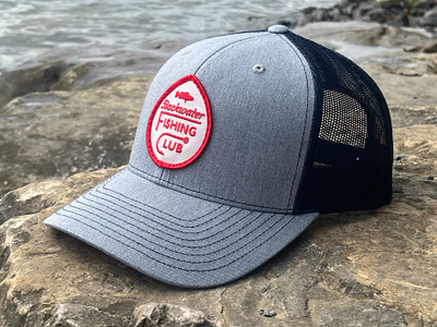 Backwater Fishing Club Trucker badge branding club design embroidery fishing hat lettering logo merch patch patch design trucker hat typography
