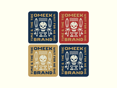 Omeek - Time & tide wait for no one blue brand branding color gold hourglass lettering ocean palm palm tree red skull surf time typography water