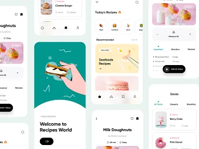 Food Recipe Application app application branding chef design food green illustration minimal modern pink recipe ui ux web