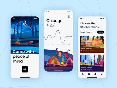 Camping App Design app ui beautiful destinations camp camping camping application design clean desert design desitinations earth holidays illustration journey locations minimalist design popular places suburban travel app travelling voyage