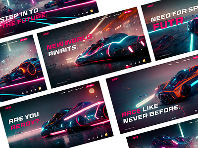 🏎 Game Landing Page - Concept Design ai desgin car design card design concept art hero section illustration landing page layout design midjourney minimal neon colors pagination racing ui typography ui design visual layout website design website layout