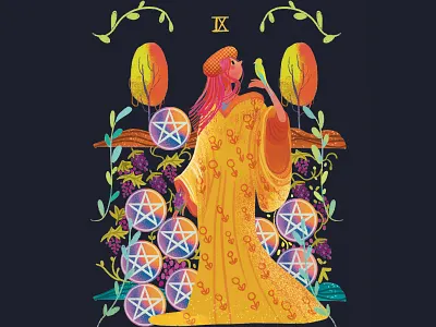 Nine of Pentacles card character design illustration procreate tarot deck tree