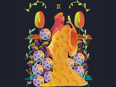 Nine of Pentacles card character design illustration procreate tarot deck tree