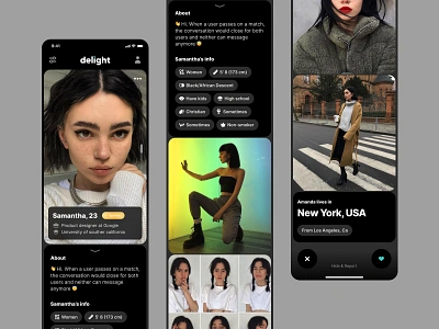 Dark mode. Dating & Relationship by Delight app black dark dark mode dating datingapp design find finder interface ios love match matching meet messenger app minimal mobile app partner person uidesign