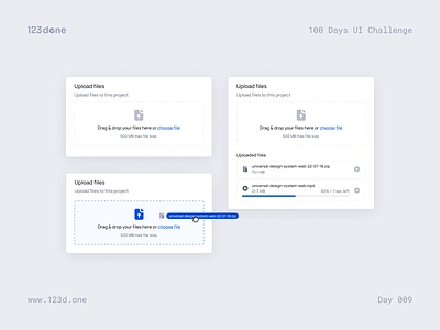 Day 009 — Files Upload | 100 days UI challenge 123done challenge clean dark theme design challenge design system drag and drop file upload files light theme progress bar ui ui kit universal design system (web) upload ux web