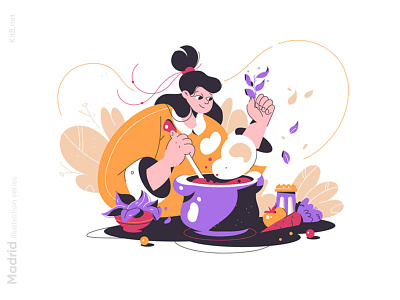 Girl cooking illustration character cook flat food girl illustration kit8 soup vector woman