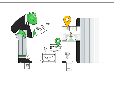Search businessman character design document file frog illustration line lineart location map minimal paper piles search suit vector