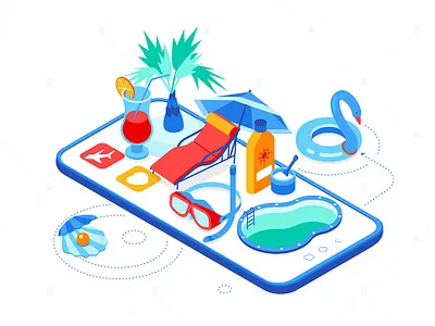 Summer Vacation - Isometric Illustration 3d animation 3d art 3d illustration app beach goggles illustration lounger mobile page pearl pool seasonal smartphone snorkel snubed sunscreen swimming traveling vacation