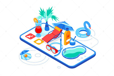 Summer Vacation - Isometric Illustration 3d animation 3d art 3d illustration app beach goggles illustration lounger mobile page pearl pool seasonal smartphone snorkel snubed sunscreen swimming traveling vacation