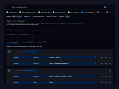 Rule builder for Data Lake event categorization app condition builder dark theme query builder rule builder ui wip wizard