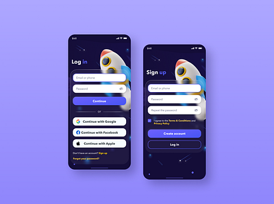 To The Stars! clean dark theme log in log in form mobile ui product design sign sign up form ui
