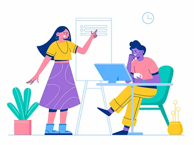Discuss boy business character chat collaboration company discuss flat friend girl help illustration man office teach team vector woman work