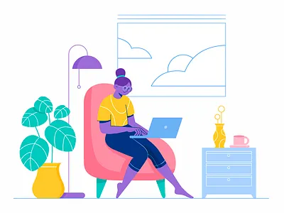 Remote work business character company flat girl home house illustration laptop learn office remote vector woman work
