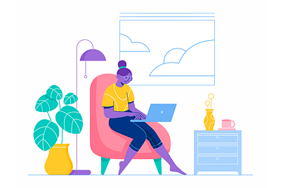 Remote work business character company flat girl home house illustration laptop learn office remote vector woman work