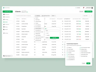 Clients Management Portal client management client management portal client portal customize column filter filter design filter ui finance portal ui ui design web design web portal
