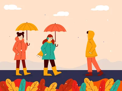 Autumn People Walk autumn boy girl illustration leaf man people season umbrella vector walk yellow