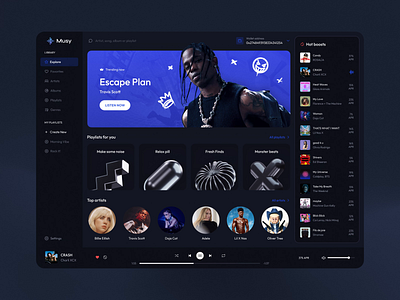 Music streaming dashboard design animation audio dark dashboard music playlists service song streaming ui ux web app web design